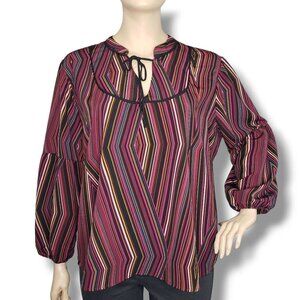 Maurices Striped Peasant Blouse Womens 3X Red V Tie Neck Pullover Balloon Sleeve